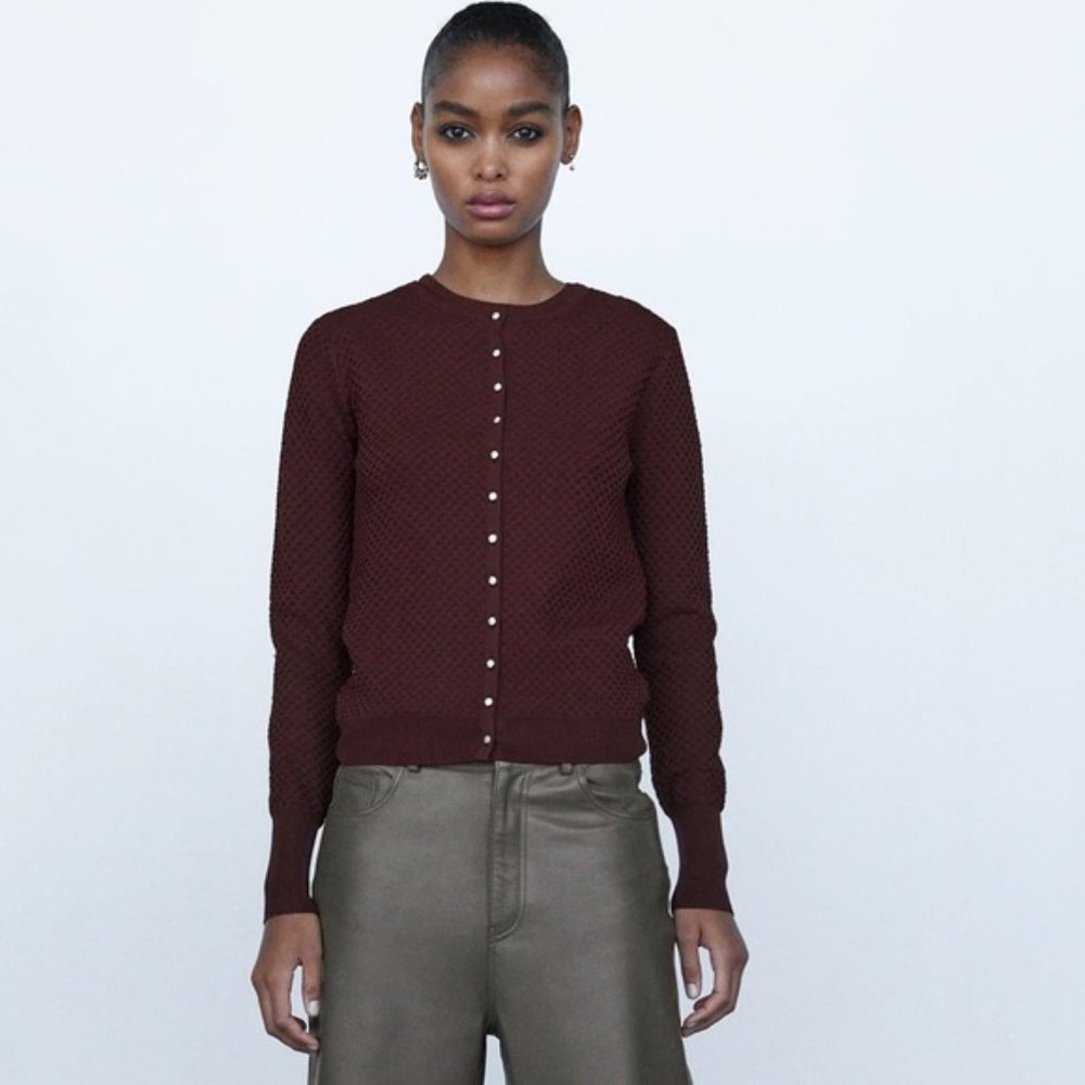 Zara Burgundy Knit Jewel Rhinestones Buttons Textured Cardigan, NWT, M - Picture 10 of 14